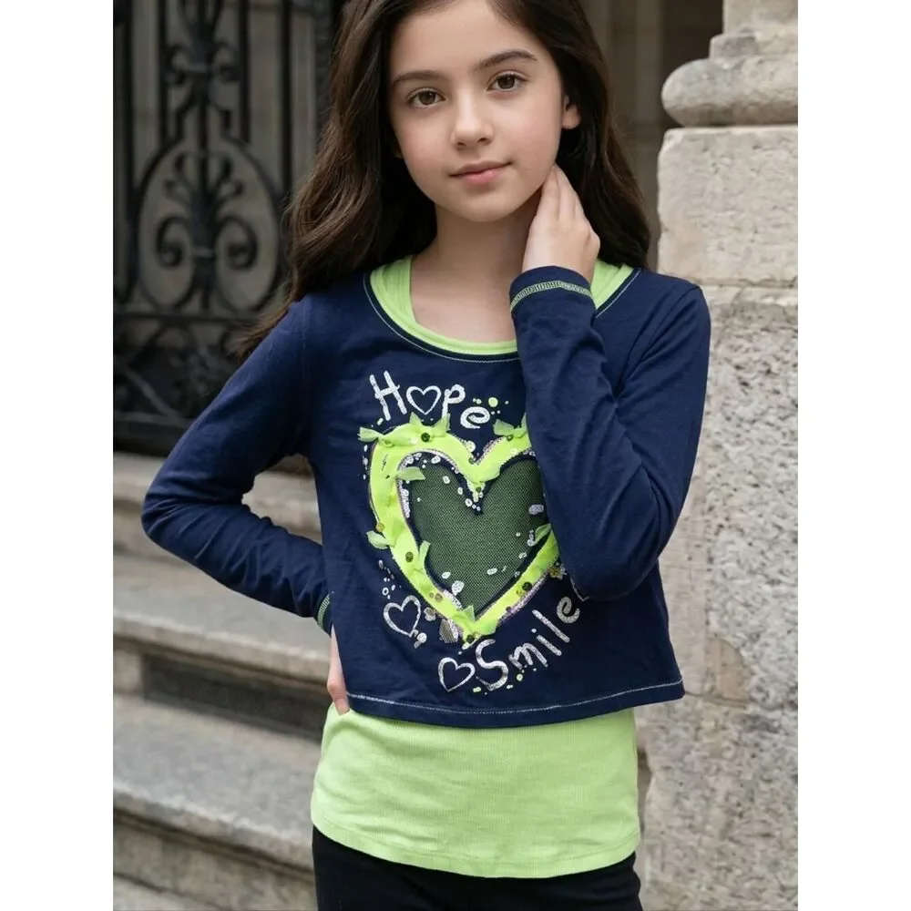 Justice Girls Layered Top Size 12 Navy Lime Graphic Shirt Tween Everyday Tee